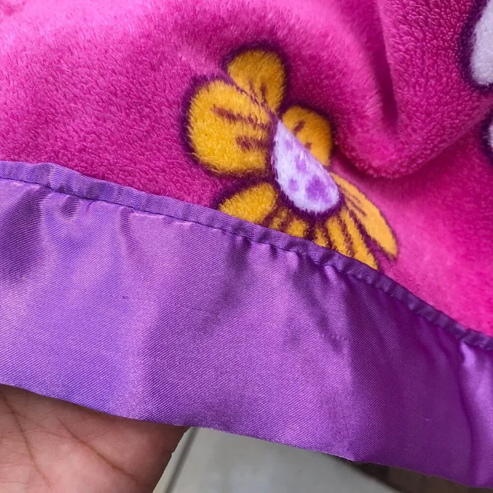 Minnie Mouse Blanket Disney Pink flowers Plush Blanket Purple Satin Trim 40x50in